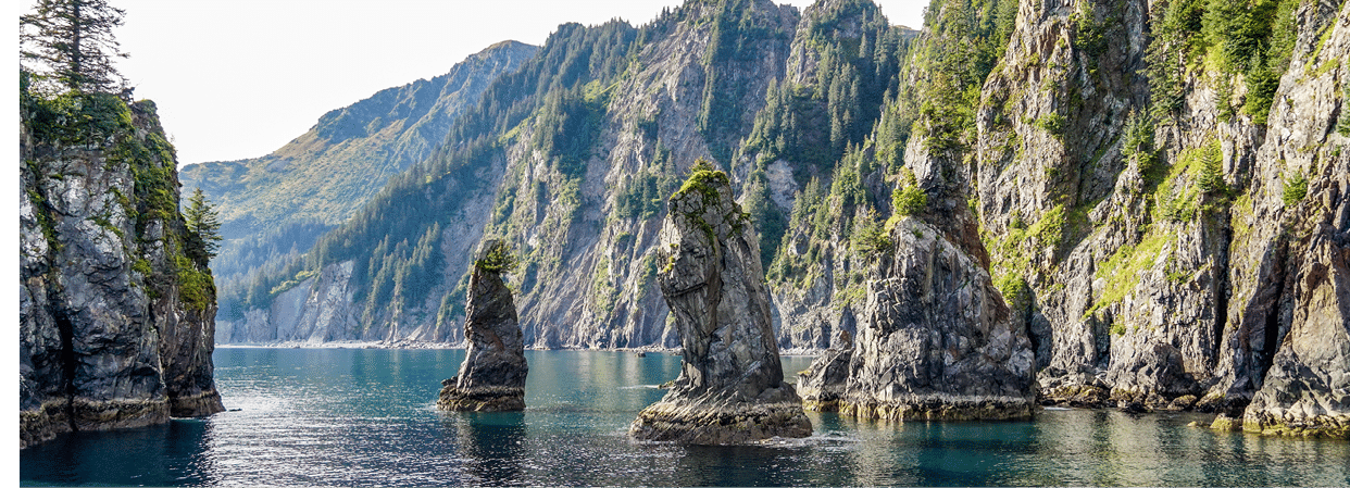 Rock Formations and Turquoise Waters of Spire Cove in the Kenai Fjords National Park. Seward, Alaska