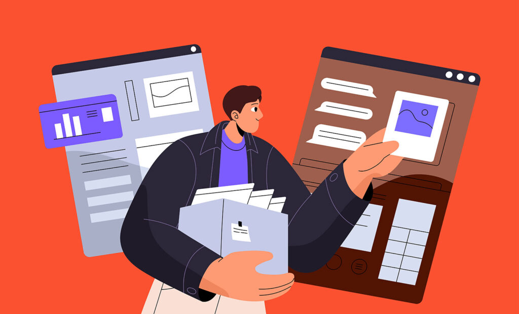 Illustration of a person reviewing a stack of documents while reaching toward floating digital interfaces displaying charts, graphs, and website layouts.